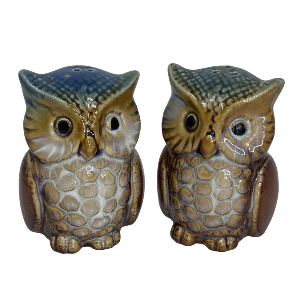 Vintage OWL salt and pepper shakers ceramic Gold Teal